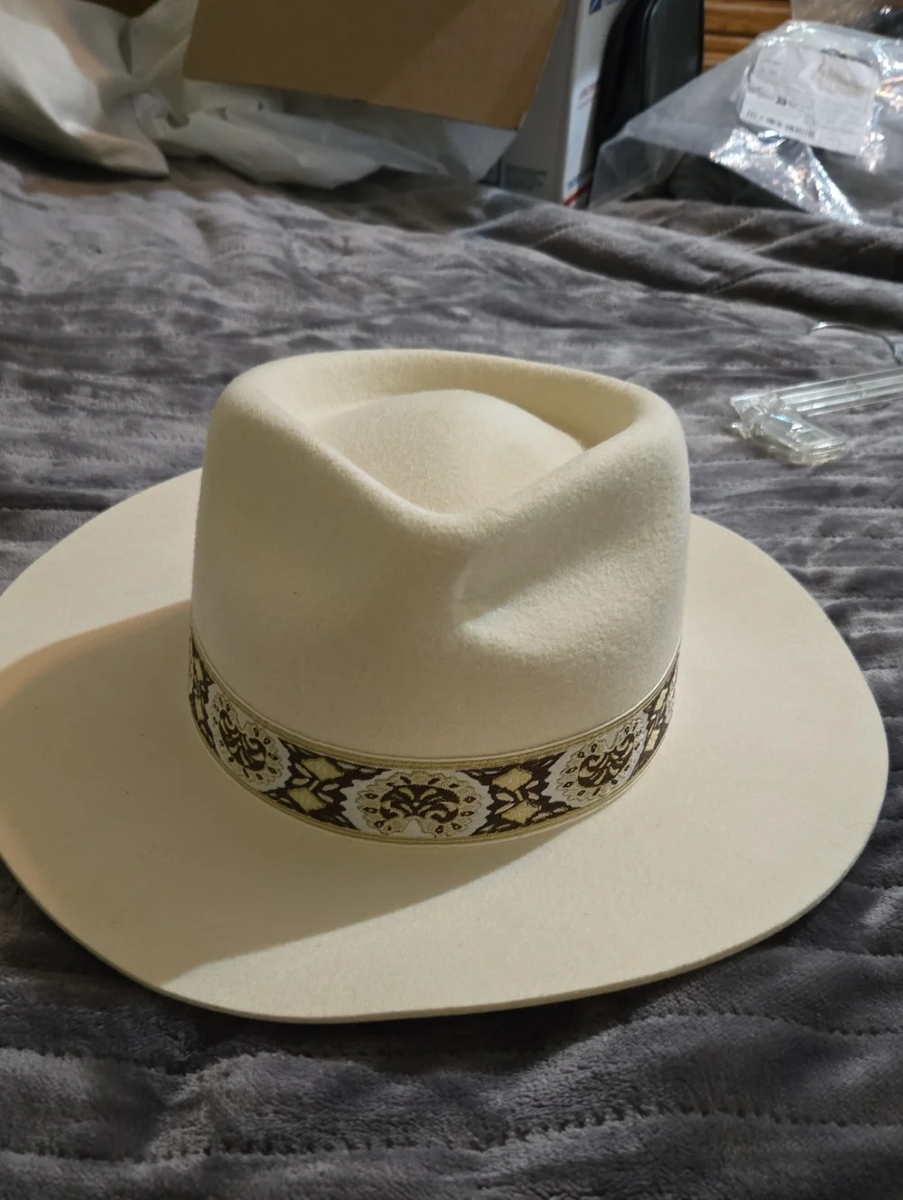 Lack Of Color Cream Felt Western Hat with Patterned Brown & Gold Band